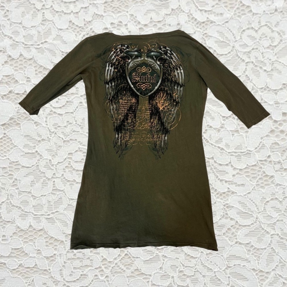 vintage cyber y2k sinful angel wing graphic quarter sleeve top